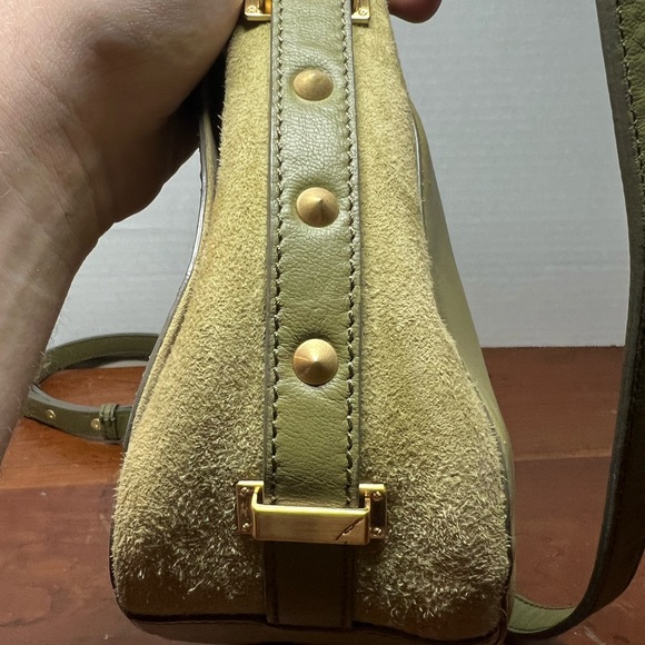 Brian Atwood Snakeskin Saddle crossbody Purse made w/ goat&lamb Green 10”x8” - Picture 10 of 16